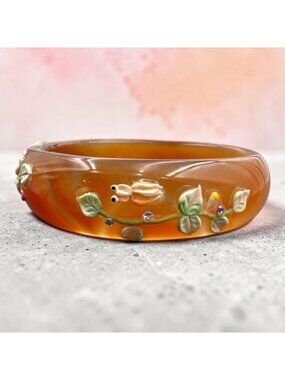 Vintage Orange Agate Bangle Bracelet with a 3D Hand-Painted Floral Motif & Rhine